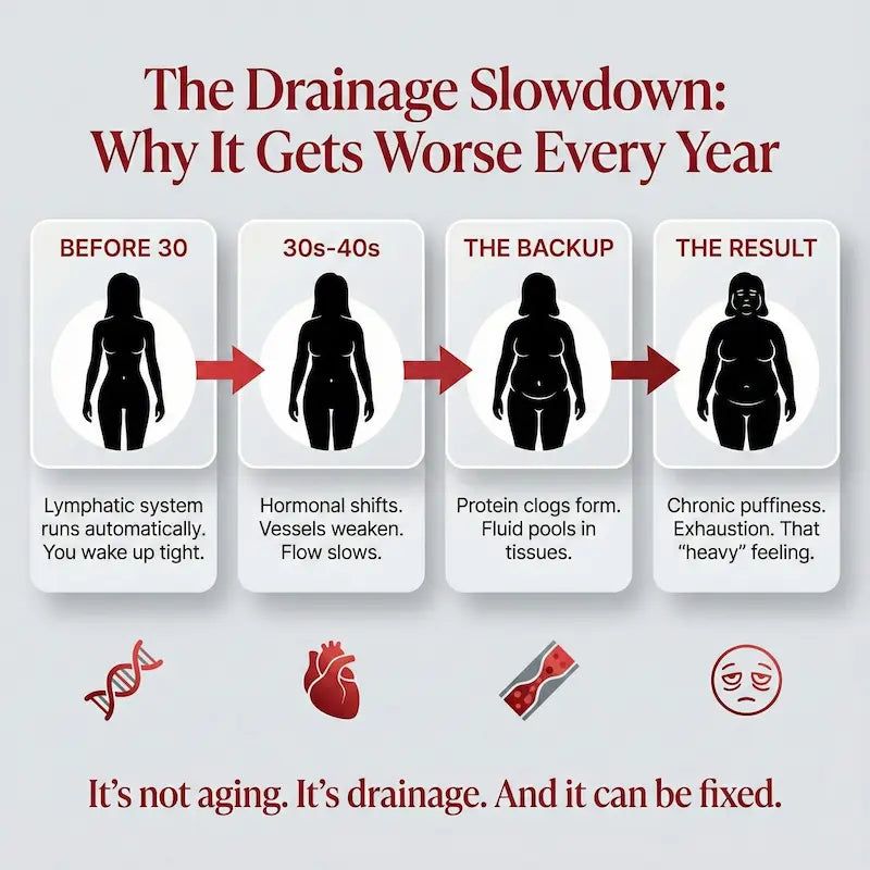 Diagram showing the progression of 'The Drainage Slowdown' from before 30 to chronic puffiness and exhaustion.
