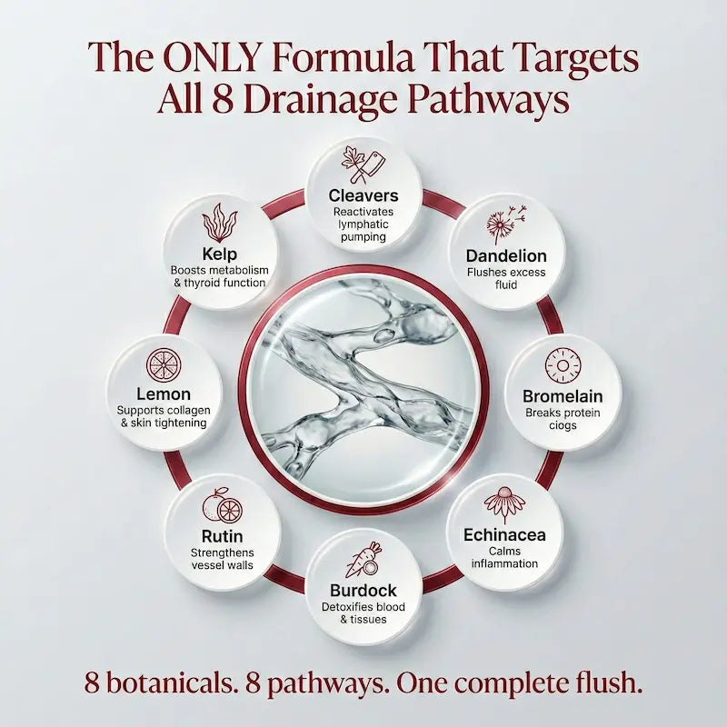 Diagram of drainage pathways with botanicals and their functions on a light gray background.