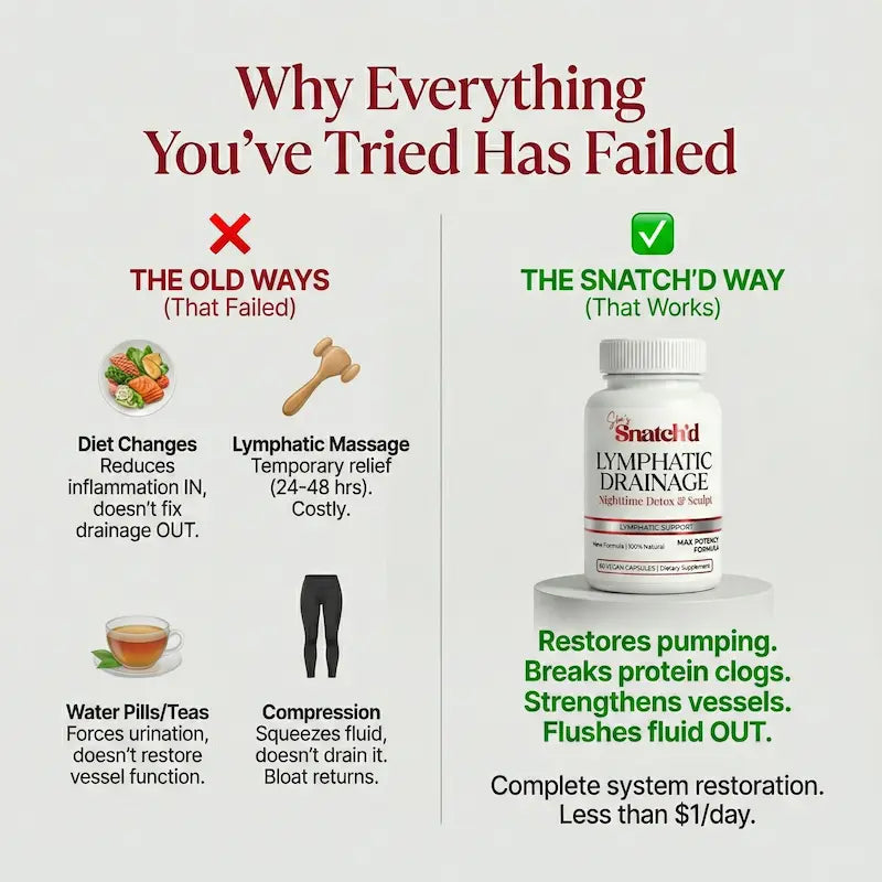 Advertisement for Snatch'd Lymphatic Drainage product with before and after comparison.