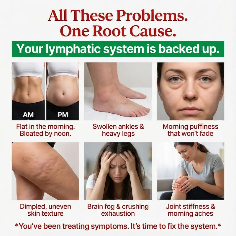 Health infographic about lymphatic system issues with symptoms and solutions.