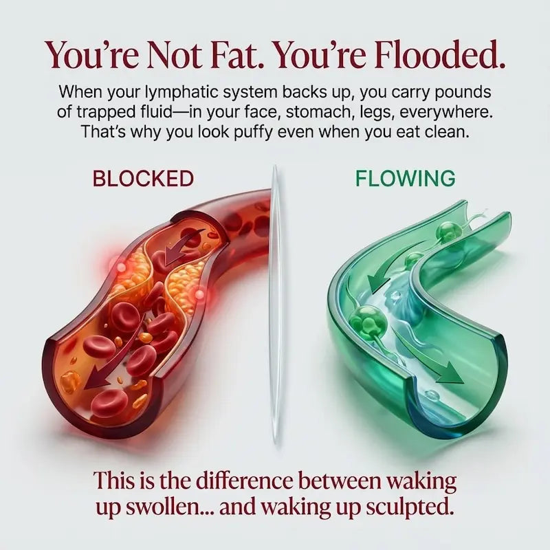 Diagram comparing a blocked lymphatic system with a flowing one, highlighting fluid accumulation.