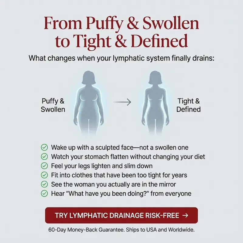 Advertisement showing a transformation from puffy and swollen to tight and defined body, with text about lymphatic drainage.