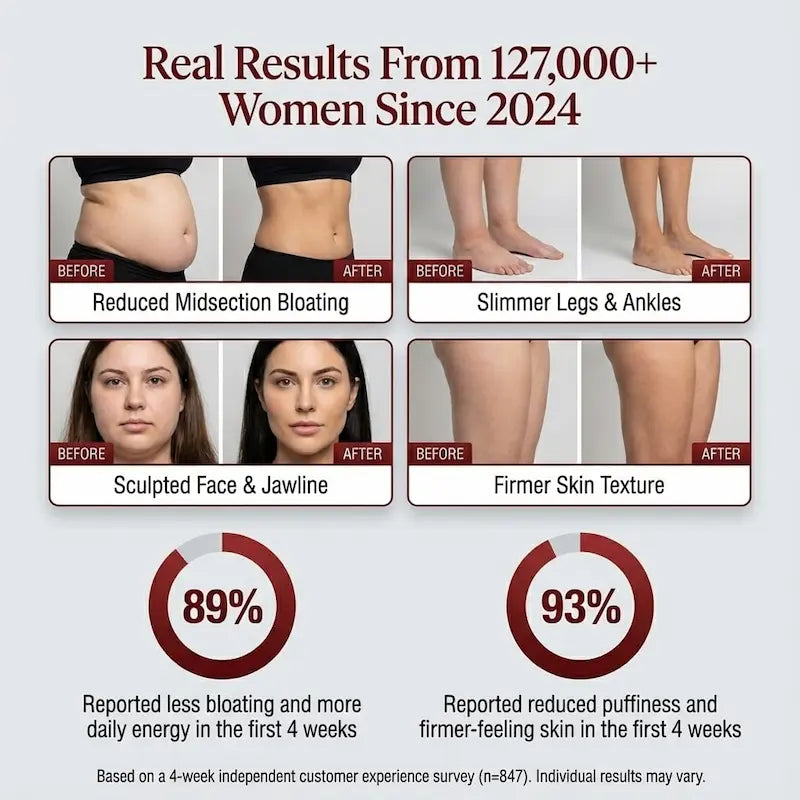 Before and after results of a skincare or wellness product on women, with text indicating real results from 127,000+ women since 2024.