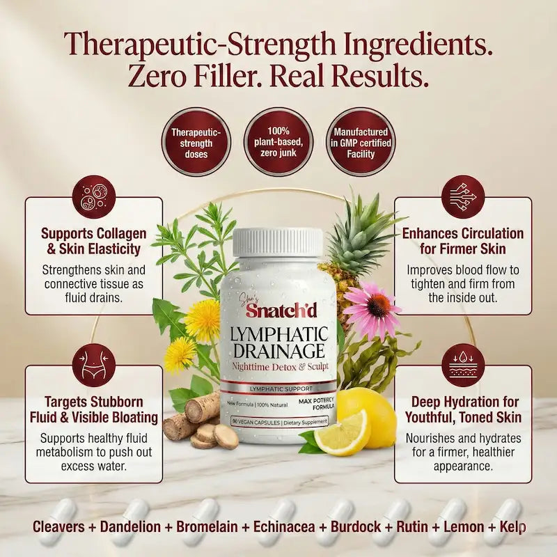 Snatchd Lymphatic Drainage supplement bottle with botanicals and text on a light background