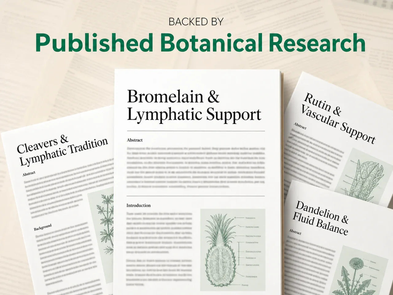 Published botanical research highlighting bromelain, rutin, cleavers, and dandelion